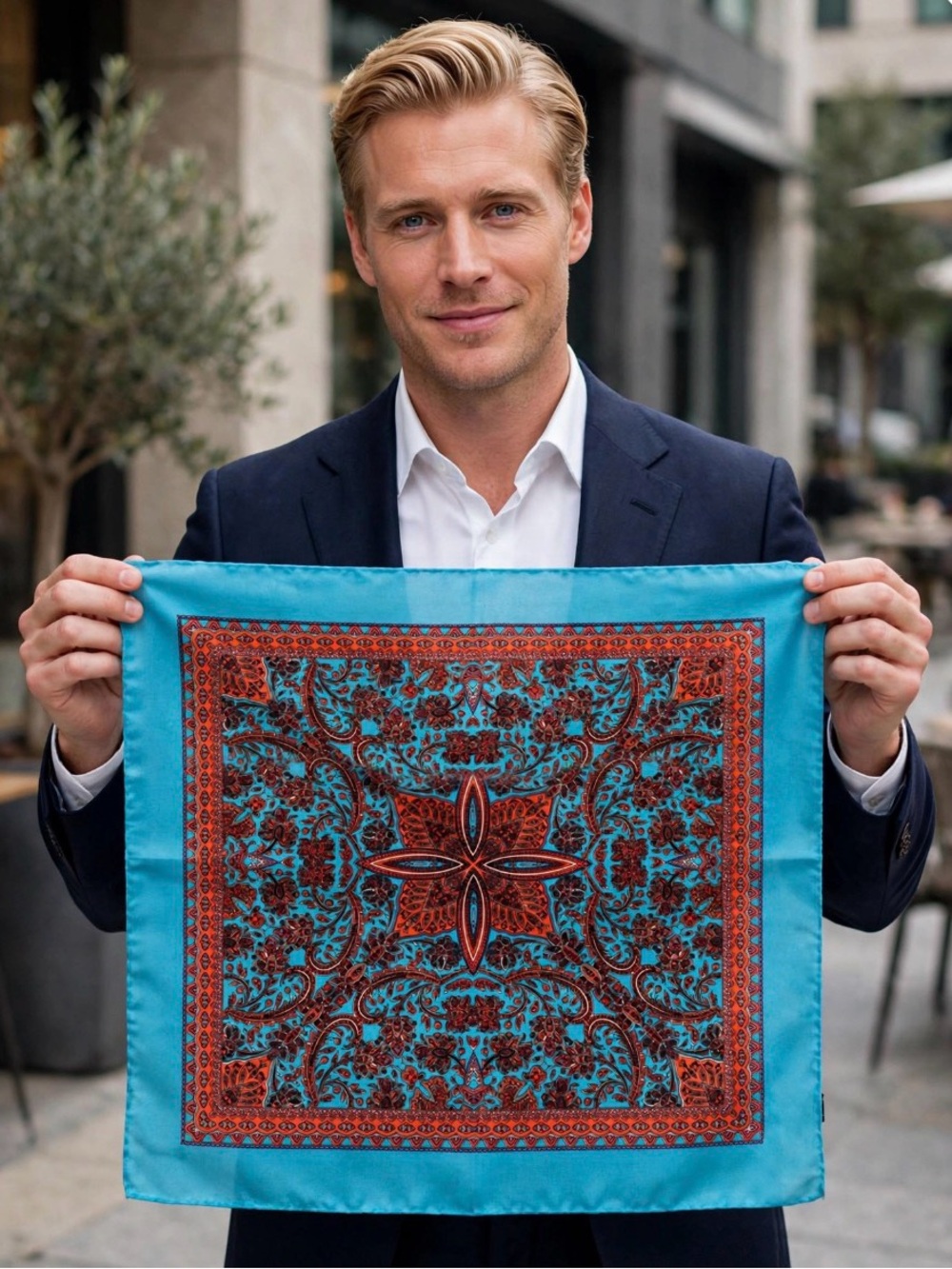 Pronto Uomo Turquoise and Rust Paisley Silk Pocket Square